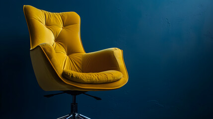 Yellow velvet armchair on dark blue background with copy space. Minimal banner