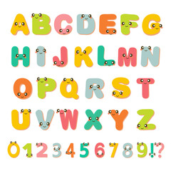 Alphabet poster with cute cartoon letters for children. Font design for kids. Vector illustration of ABC banner with numbers for preschool, kindergarten or kindergarten kids to learn letters.