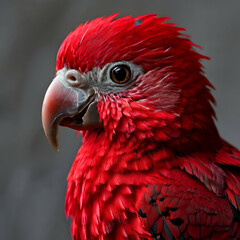 Fototapeta premium red adavat Beautiful macaw parrot bird on black and gray background, wide horizontal panoramic banner green plants generate ai