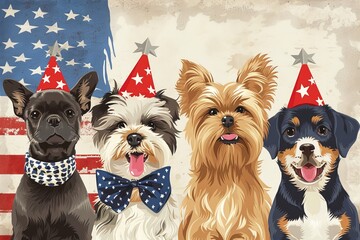 Cute dogs wearing party hats with an American flag background, celebrating a festive occasion. Perfect for pet-themed celebrations or patriotic events.