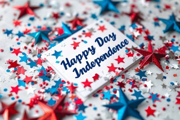 Festive Independence Day celebration with red, white, and blue decorations, and a card that reads 'Happy Independence Day'.