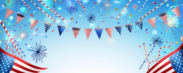 Fototapeta premium Festive patriotic background with American flags, bunting, and fireworks. Perfect for Fourth of July celebrations and national holidays.