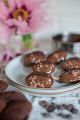Madeleine with chocolate. Traditional French small cakes 