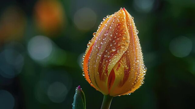  close up bokeh effect fresh golden tulip bud with splash dew in the golden hours image video HD 4K a background for bio diversity day or tulip time