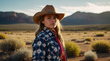 Obraz premium Portrait of an american teenager cowgirl wearing colorful cowboy clothes with nature landscape background