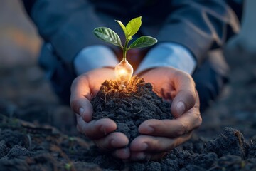 Fototapeta premium Hands carefully holding a small plant sprout growing from the soil, symbolizing growth, sustainability, and environmental care.