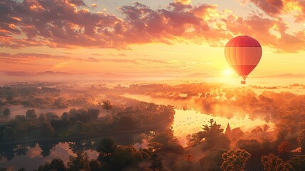 Naklejka premium Graceful Hot Air Balloon Drifting Over Picturesque Landscape at Dawn with Soft Warm Light. Magical Moment Captured in Serene and Tranquil Atmosphere, Perfect for Adventure and Travel Enthusiasts.
