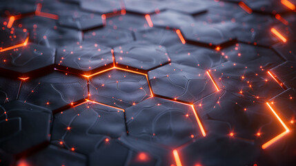 Fototapeta premium Abstract futuristic surface hexagon pattern with light rays - copy space data context, 3D Rendering, Background of hexagons illuminated by colored light