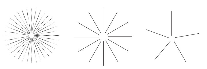 Radial circle lines. Circular radiating lines geometric element. Sun star rays symbol. Abstract geometric shapes. Design element. Vector illustration isolated on white background.