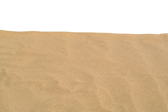 Flat lay of beach sand texture isolated on transparent background. Sea sand surface with copy space. Tropical summer design elements