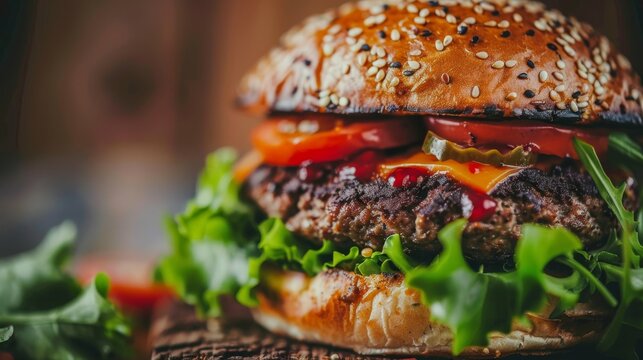 A closeup of a vegan burger with all the toppings, fast food theme, front view, appetizing and wholesome, technology tone, monochromatic color scheme