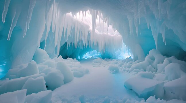 Entrance of an ice cave inside glacier in southern Iceland, glowing with soft blue light