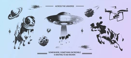 Trendy grunge texture cosmo universe set with a flying cow astronaut, cow in vr glasses. Dotted stipplism photocopy texture. Y2k vintage elements for design , meteor, galactic, planet © Tasha