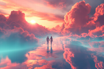 Fototapeta premium Couple walking hand-in-hand among pink and blue clouds at sunset, symbolizing love, relationships, and spiritual reflection in an ethereal, serene landscape