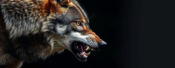Angry grinning wolf head Canis lupus on black background Growling muzzle of a wolf © neirfy