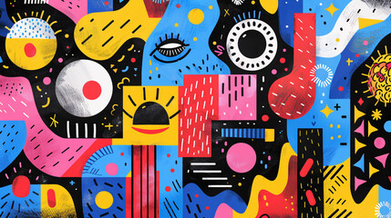 Obraz premium Creative hand-drawn geometric shapes and patterns in bright colors