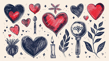 Creative hand-drawn vector elements with hearts and romantic symbols