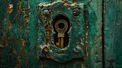 A closeup of an old, rustic keyhole in an antique door, mystery theme, front view, hidden stories, cybernetic tone, triadic color scheme