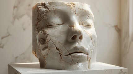 A white marble sculpture of a face with closed eyes, cracked and weathered, displayed on a pedestal. The face appears serene despite the visible damage.