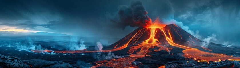 A dramatic volcano eruption with lava flowing down its slopes, the night sky lit up by the fiery display