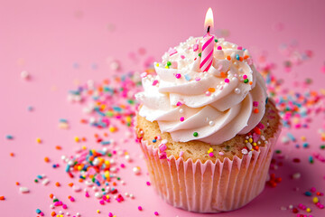Celebratory Cupcake with Candle and Sprinkles on Pink