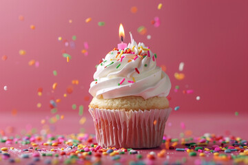 Celebratory Cupcake with Candle and Sprinkles on Pink