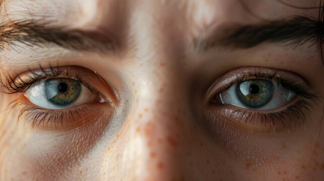 A closeup of tired eyes with dark circles, exhaustion theme, front view, clear signs of fatigue, advanced tone, monochromatic color scheme