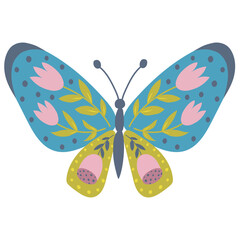 Vector Illustration of Floral Butterfly. Folk Art.