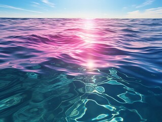 Obraz premium A vibrant sunset casts a pink glow on the blue ocean water. The waves gently ripple, creating a serene and tranquil scene. The sun's reflection shimmers on the surface.
