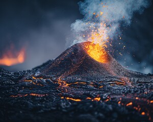 A close-up of a volcano spewing hot lava and ash, the glowing molten rock creating a stark contrast against the dark night
