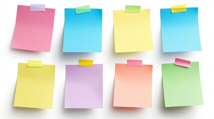 Fototapeta premium Colorful sticky notes arranged in a grid pattern against a white background, perfect for organizing tasks, reminders, and messages.