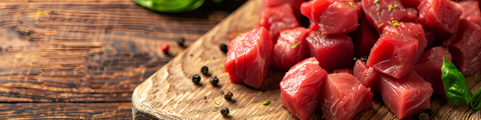 Cubes of raw beef meat isolated on white concept of Eid ul adha in background
