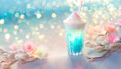 青いクリームソーダ、玉ボケテクスチャ、砂浜、光の粒、繊細、玉虫色、宝石、ガラス、プリズム、透明感、美しい、春色、ネオン 2024