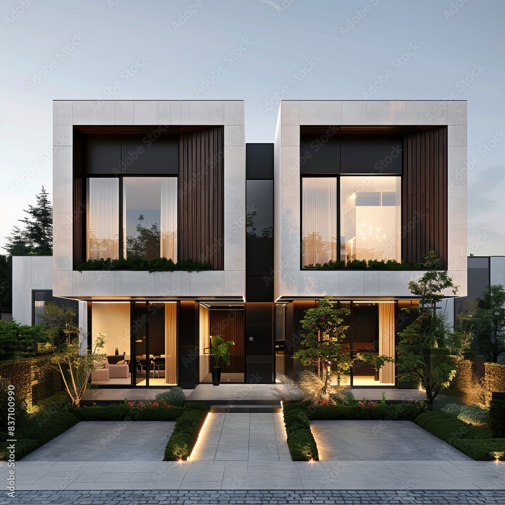 Wall mural This image showcases a modern duplex house with an elegant facade, perfect as a wallpaper or background and potential abstract best-seller