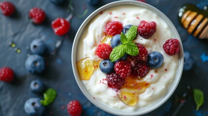 A bowl of creamy yogurt topped with fresh berries and honey, breakfast theme, top view, delicious and healthy, advanced tone, vivid colors