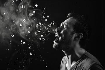 Letters fly out of the mouth of a screaming man. Black and white image