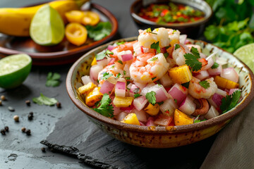Ceviche peruvian recipe with fried banana and ingredients