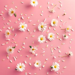 Obraz premium Delicate white daisies scattered on a pink background. Bright, cheerful, floral. Perfect for spring themes and romantic designs. Ideal for creative projects. AI