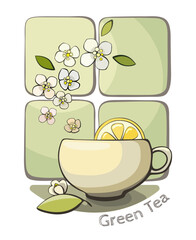 Vector image with a cup of green tea with lemon and jasmine