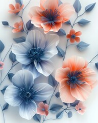 A beautiful arrangement of pastel-colored paper flowers in shades of blue and peach, displayed on a light background.