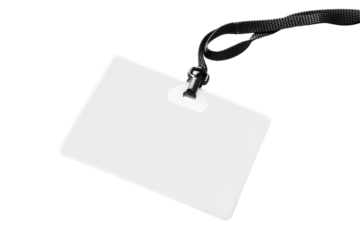 Blank white ID badge on black lanyard with copy space