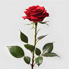 Visualize a vibrant, crimson rose with delicate petals unfolding elegantly, casting a soft shadow on the pure white background. Its rich color contrasts strikingly against the stark whiteness, drawing