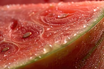 Fototapeta premium Vibrant Watermelon Slice Close-up with Glistening Juice Droplets
