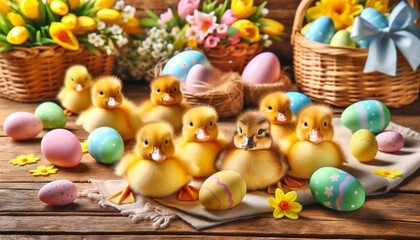 Fototapeta premium Cute yellow ducklings surrounded colorful Easter eggs spring flowers rustic wooden setting
