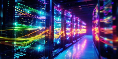 High performance data servers. Glowing cables, high bandwidth. Ultra high performance servers in data center rack