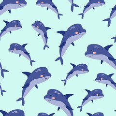 Seamless pattern cartoon dolphin on a light blue background. Vector illustration for children's wallpaper, textiles, packaging.