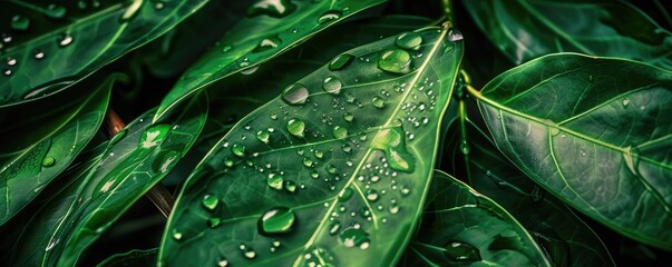 Fototapeta premium Close-up of lush green leaves with water droplets, showcasing nature's beauty and freshness, perfect for environmental and botanical themes.