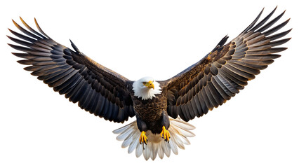 Obraz premium A spread-wing bald eagle soars in the sky. Isolated on white background. AI GENERATED