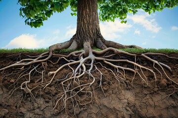 The roots of a tree intertwined with soil, representing our dependence on the environment