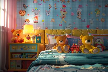 A realistic depiction of a kid's room interior, complete with a comfortable bed, a table adorned with toys such as dolls and bears, and walls adorned with vibrant cartoon wallpaper. The image exudes